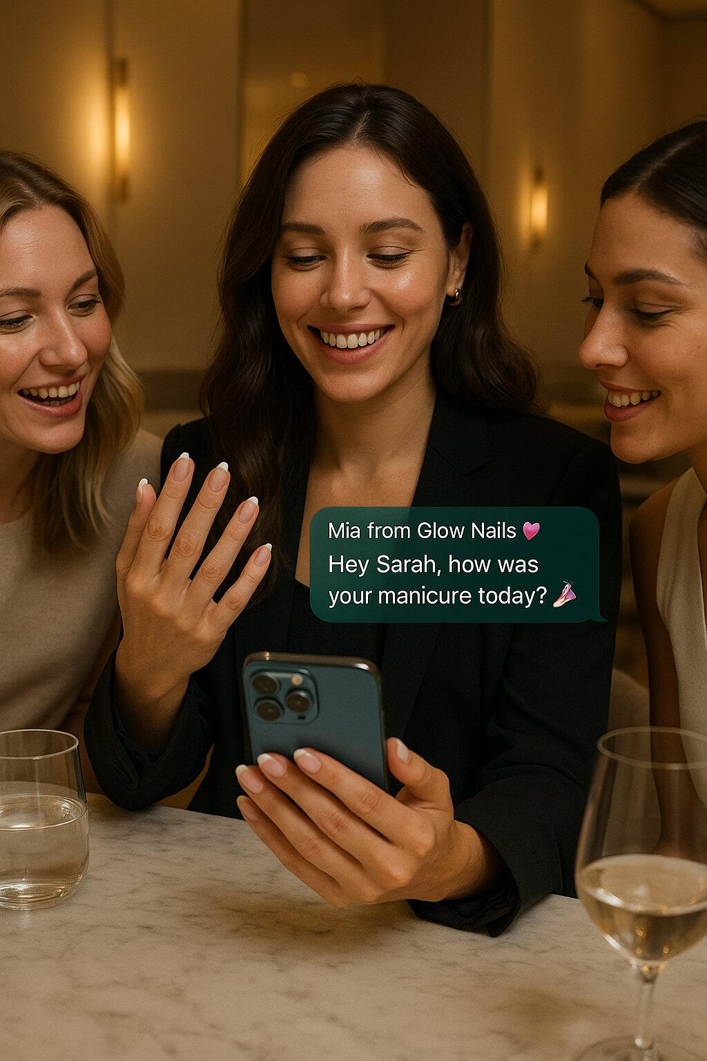 Three women in a minimalist luxury café smiling as one shows her freshly manicured French nails while reading an AI follow-up message from Mia, the salon assistant by Client Loop.