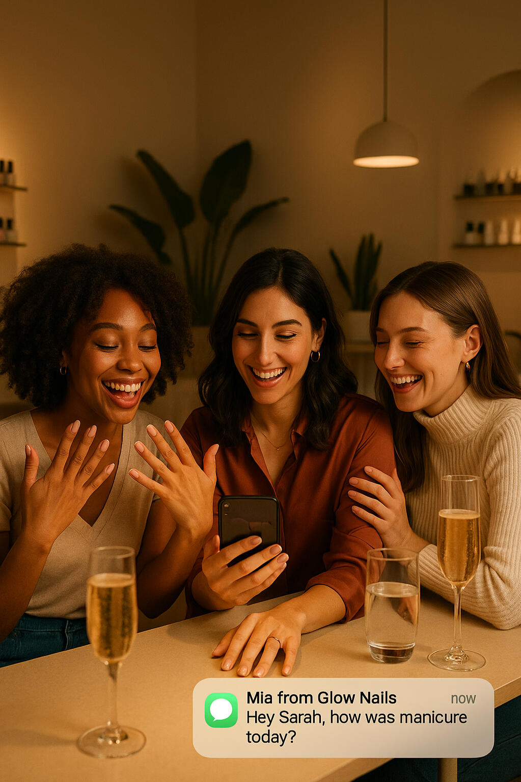 Meet Mia – The AI Salon Assistant That Keeps Clients Coming Back | Client Loop Three women in a minimalist luxury cafe smiling as one shows her freshly manicured French nails while reading an AI follow-up message from Mia, the salon assistant by Client Loop.