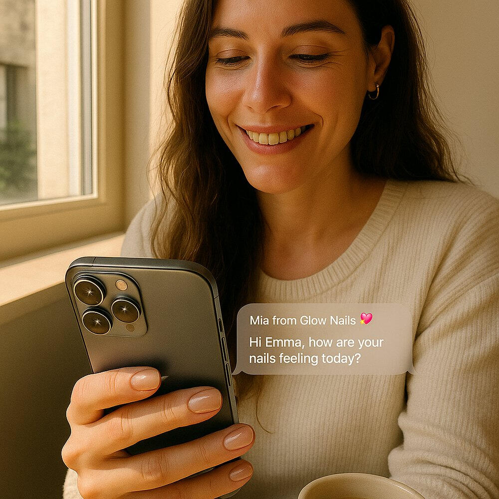 Smiling client reading aftercare text from Mia at Glow Nails — automatic salon follow-up message by Client Loop.