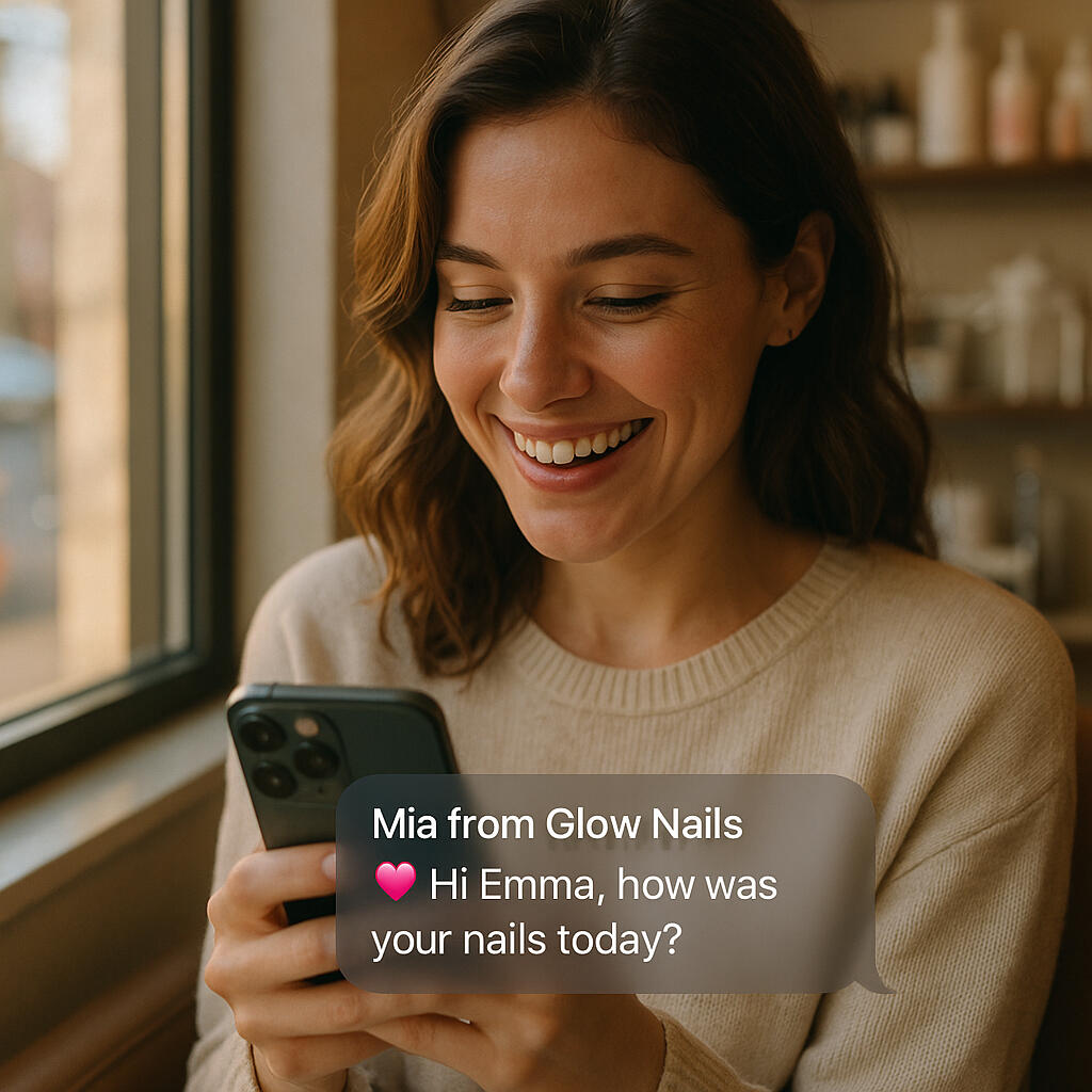 Client receives an aftercare message from Mia | Client Loop Smiling client reading aftercare text from Mia at Glow Nails — automatic salon follow-up message by Client Loop.