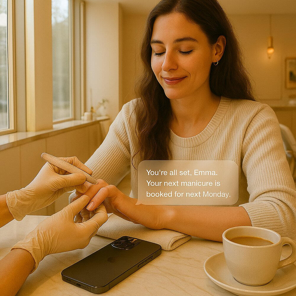 Client sitting at a bright luxury nail salon getting her nails done, phone on the table showing Mia’s message confirming her next manicure booking through Client Loop’s automated assistant.