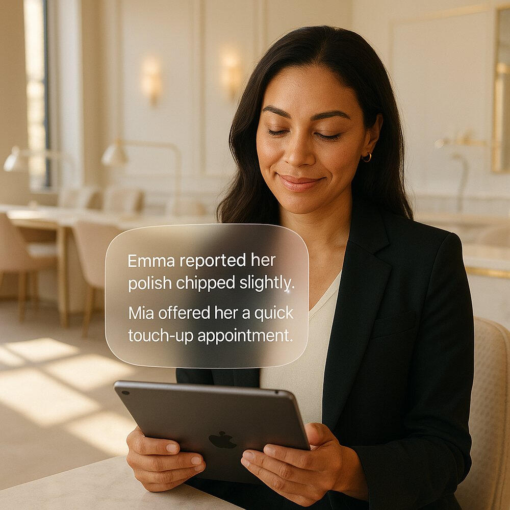 Salon owner in a bright luxury nail studio reviewing Mia’s update on iPad showing Emma’s issue resolved with a quick touch-up appointment through Client Loop’s automated client care system.