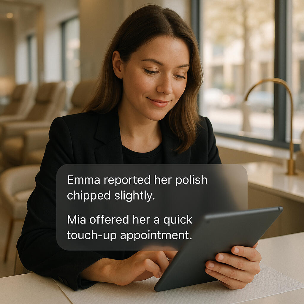 Salon owner reviews Mia’s resolved client feedback | Client Loop Salon owner in a bright luxury nail studio reviewing Mia’s update on iPad showing Emma’s issue resolved with a quick touch-up appointment through Client Loop’s automated client care system.