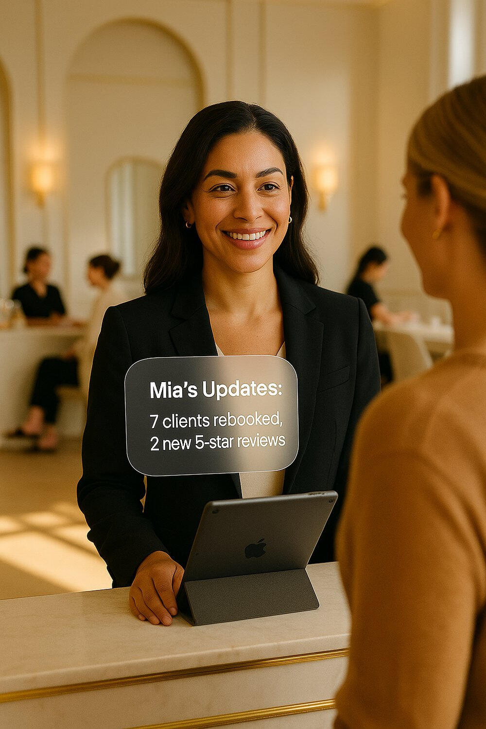Salon owner greeting a returning client in a bright luxury nail studio, iPad displaying Mia’s updates showing seven clients rebooked and two new five-star reviews — symbolizing Client Loop’s effortless automation and salon success.