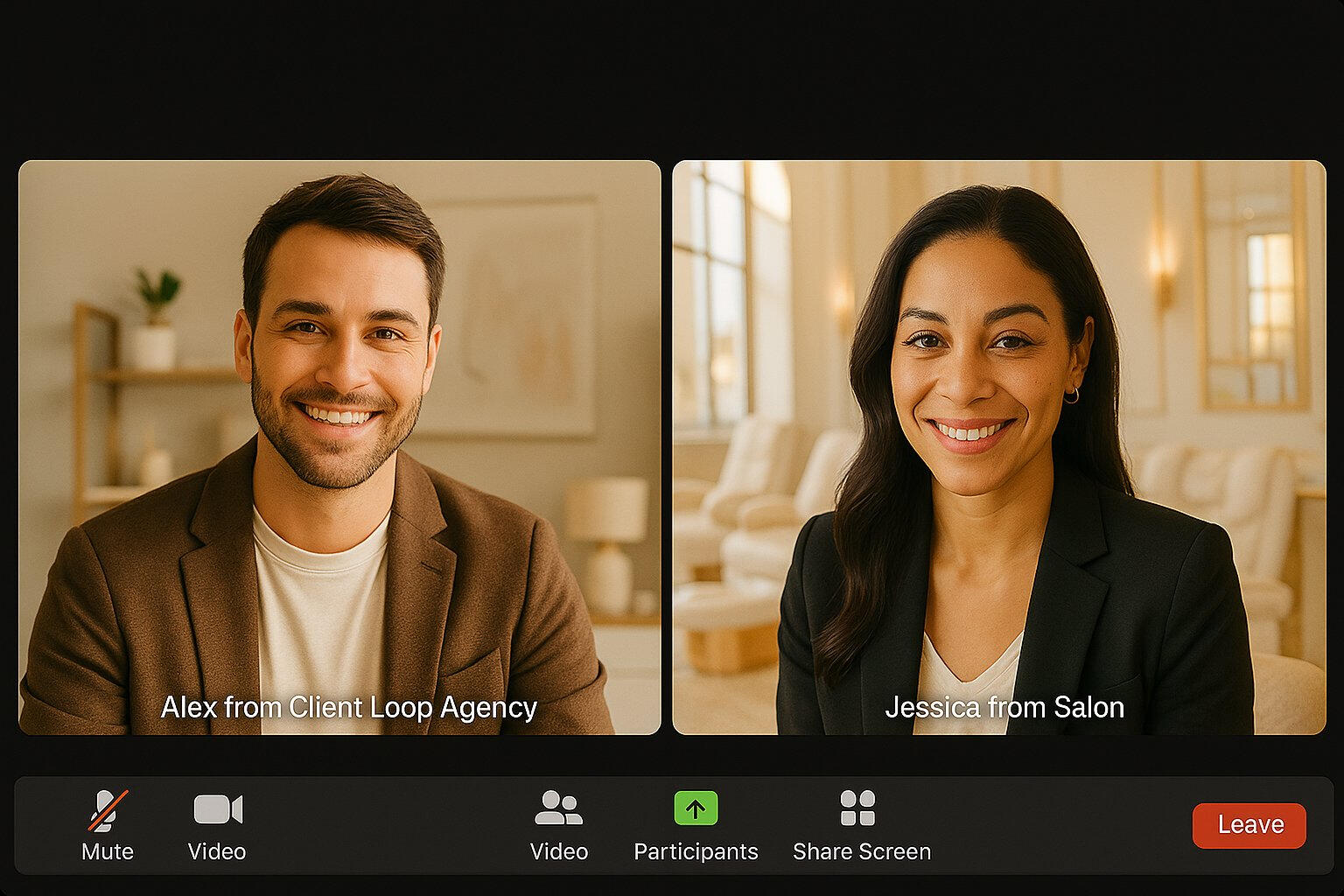 Zoom video meeting between a Client Loop Agency consultant and a salon owner, both smiling and engaged in conversation, representing partnership and personalized setup support.