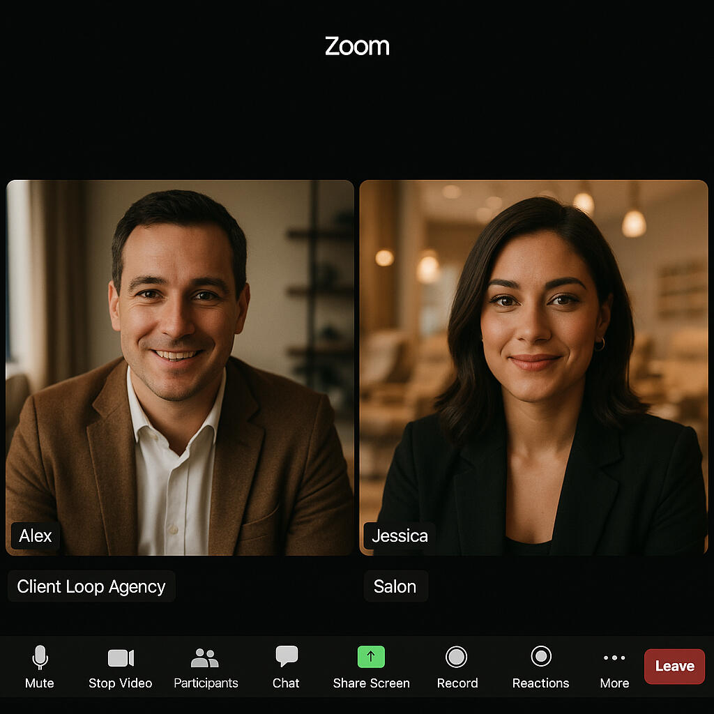 Collaborate with your Client Loop expert — your personalized onboarding call | Client Loop Zoom video meeting between a Client Loop Agency consultant and a salon owner, both smiling and engaged in conversation, representing partnership and personalized setup support.