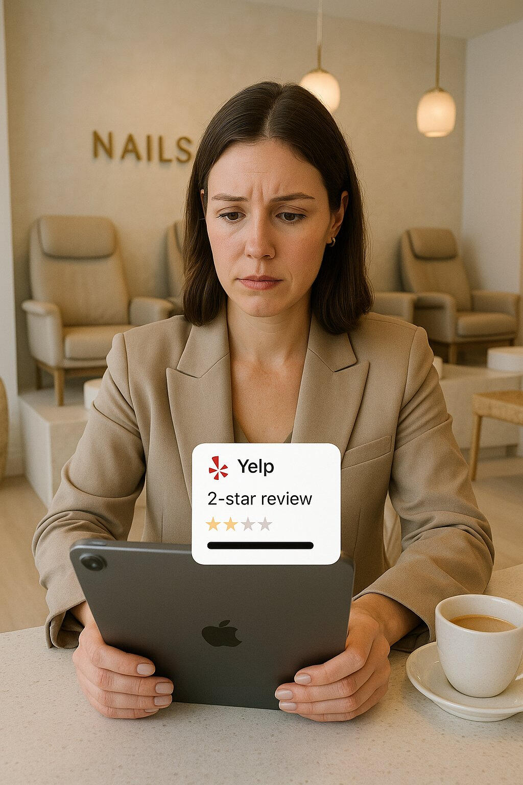 Worried nail salon owner reading a 2-star Yelp review on tablet — Client Loop helps salons improve customer feedback.