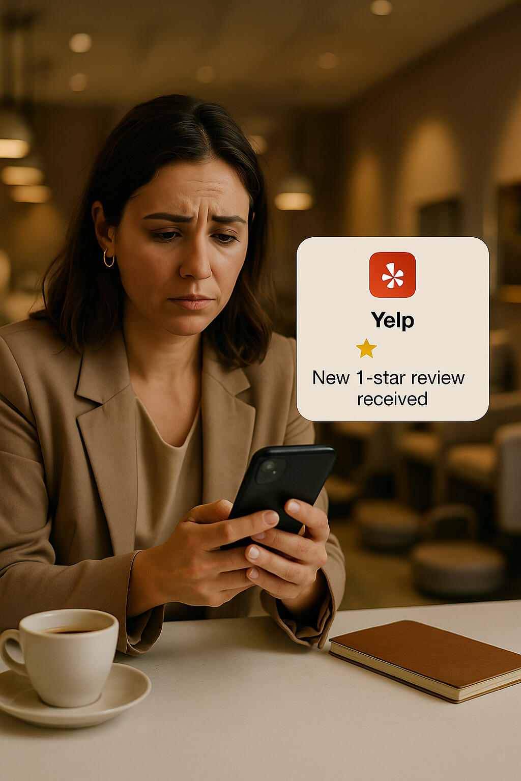 Salon Owner Reacting to 1-Star Yelp Review Notification | Client Loop A salon owner looking concerned while reading a 1-star review notification on her phone at a modern nail salon.